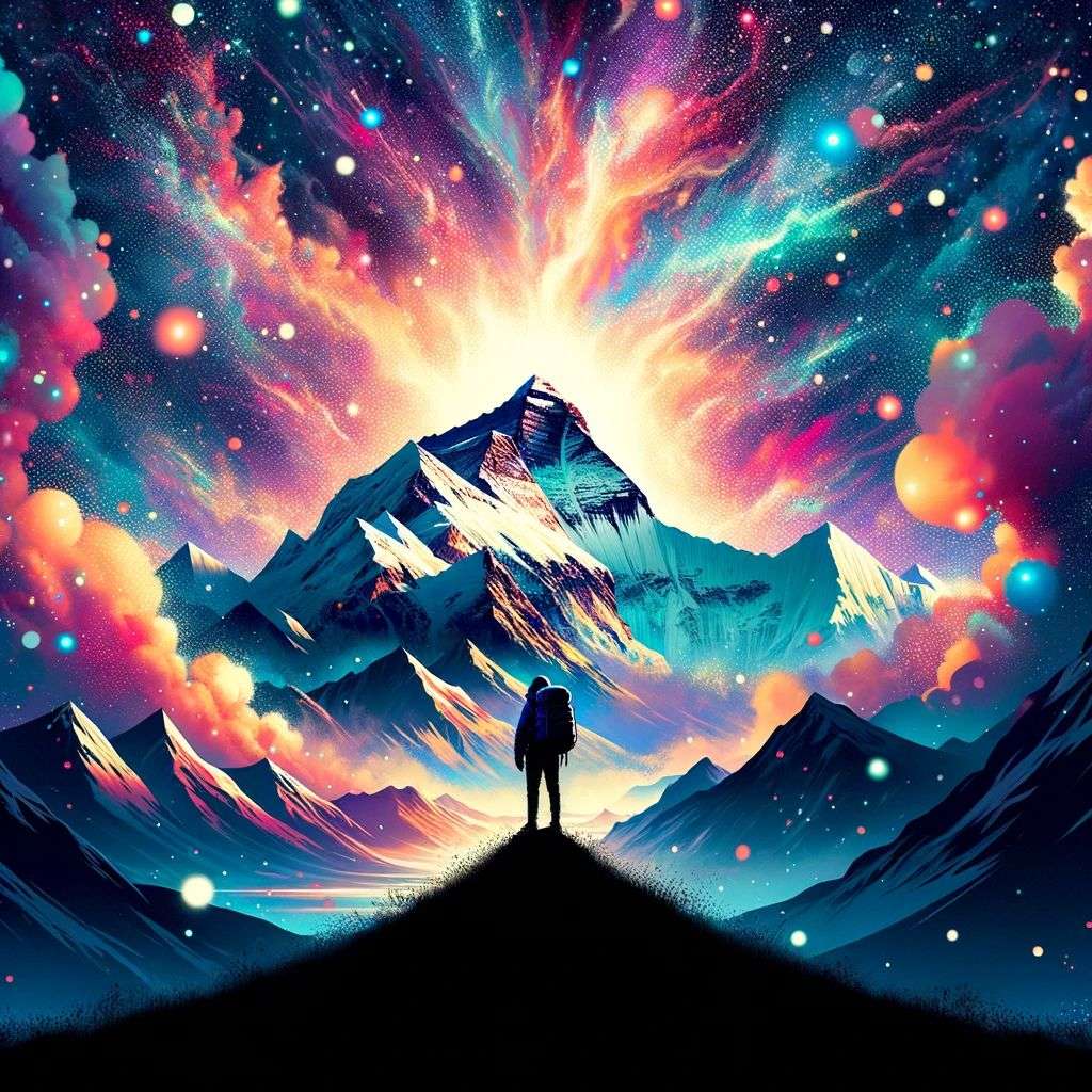 someone gazing at Mount Everest, particle explosion, digital art